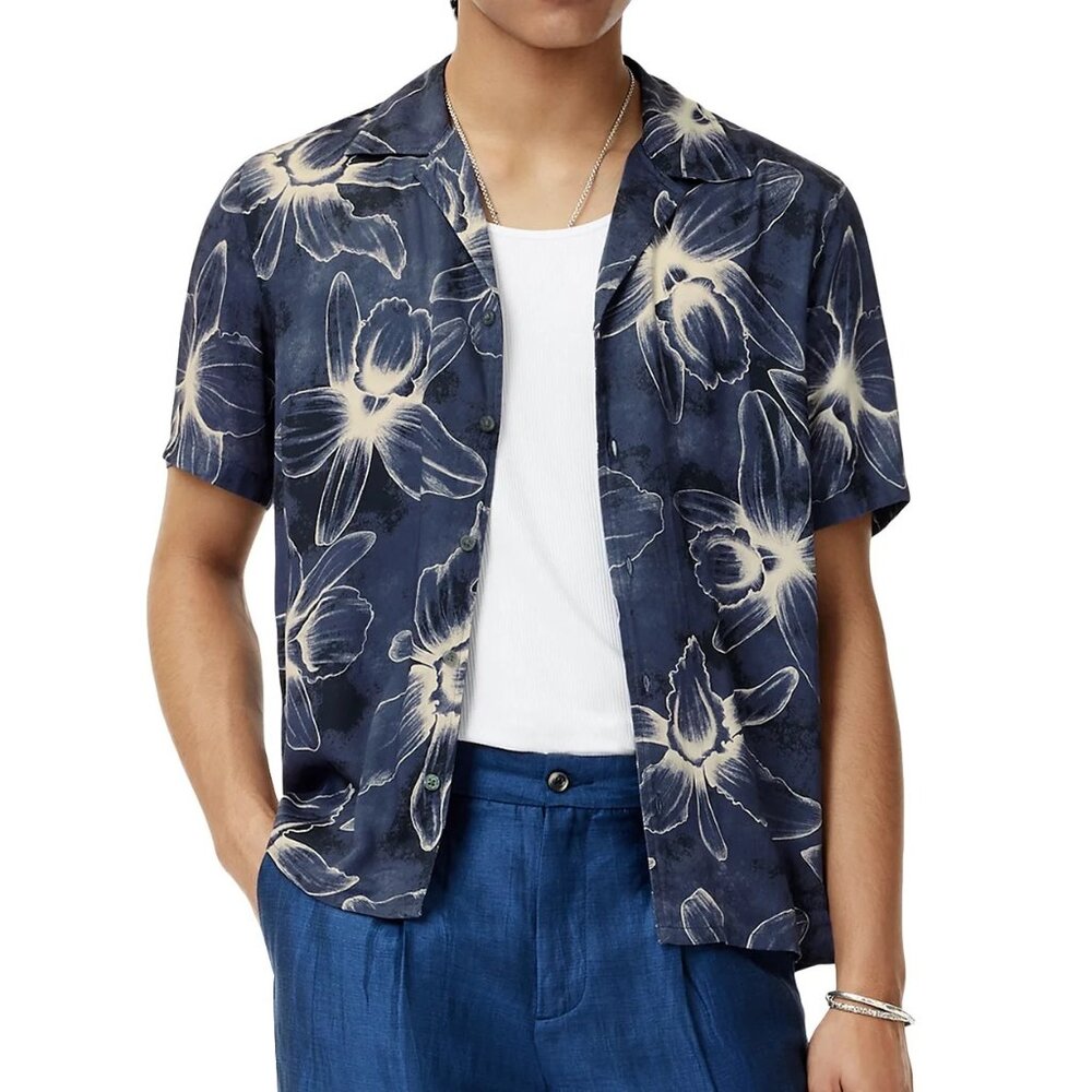 John Varvatos Mens Size XL Dan Floral Lightweight Modal Camp Shirt Blue NWT 228